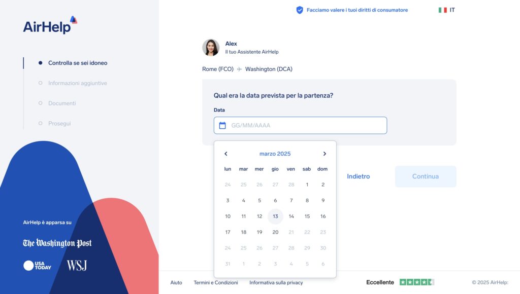 Sito Web AirHelp che pianifica la data di partenza